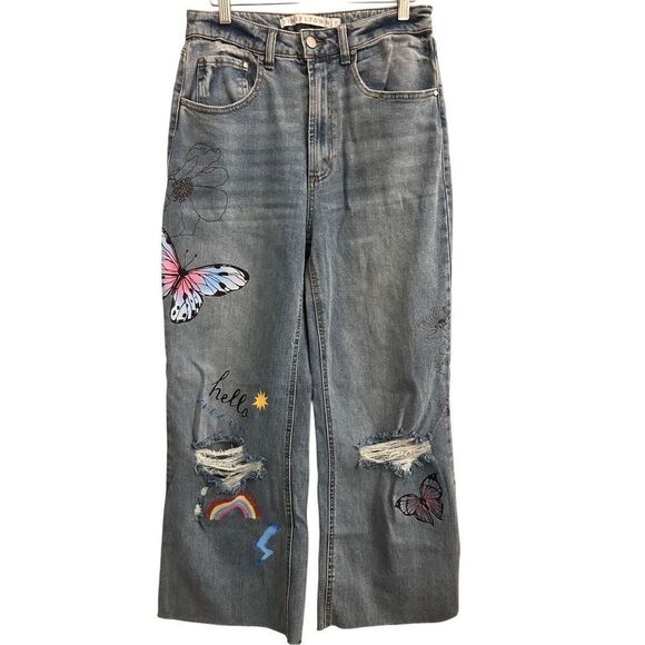 Tinseltown wide-leg butterfly print hippie jeans sz 11 / 8 Flower Rainbow Arts - Picture 1 of 7
